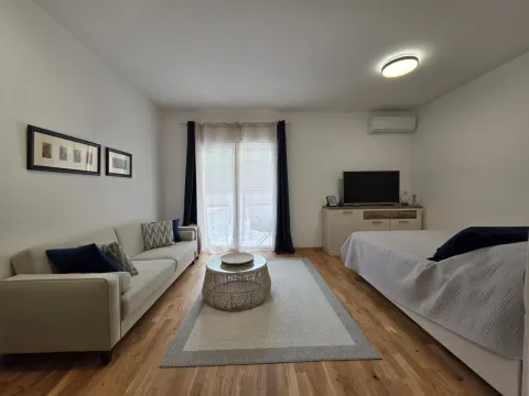 Dnevna soba sa garniturom za sjedenje, klub stolićem, televizorom i izlazom na terasu. - image 5
