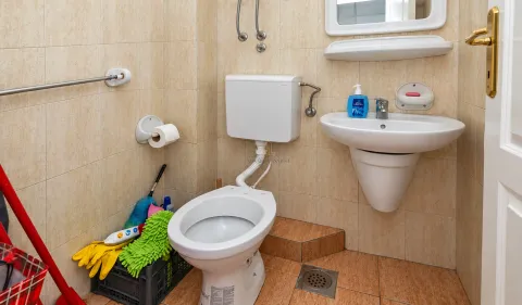 Small tiled bathroom equipped with a toilet, washbasin, and mirror. - image 10