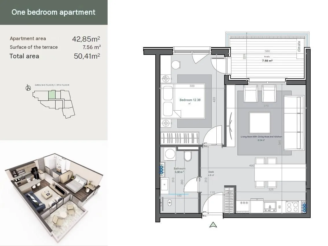 Sale, one bedroom apartment, 50m², Bjeliši, Bar
