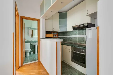 Small kitchen with a breakfast bar and built-in appliances, with a view of the bathroom in the background. - image 7