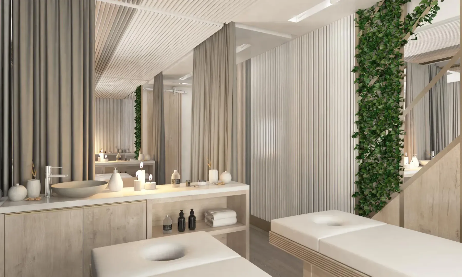 Modern bathroom with a washbasin, wooden elements and decorative greenery.
