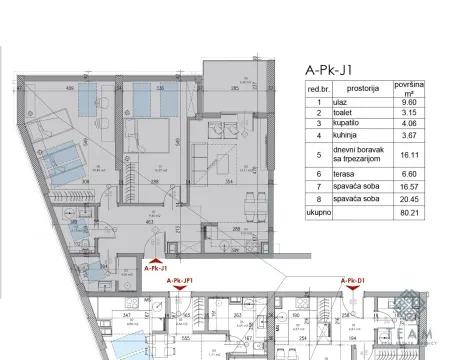 Architectural floor plan of the apartment with room layout and areas. - image 3