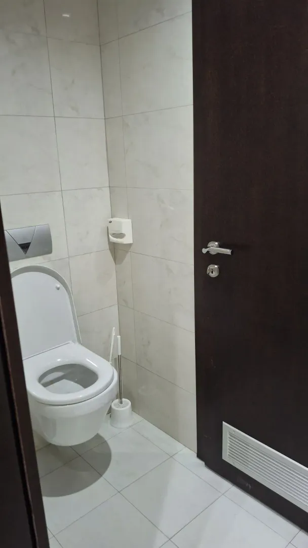 Small toilet with light tiles and a dark door.
