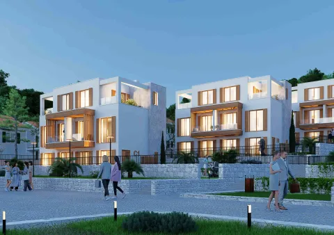 Eksterijer modernih stambenih zgrada sa uređenim dvorištem i šetalištem u sumrak. - image 5