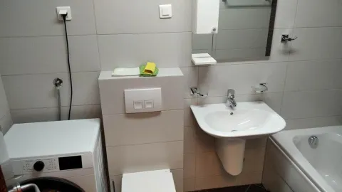 Moderno opremljeno kupatilo sa umivaonikom, WC šoljom, kadom i veš mašinom. - image 17