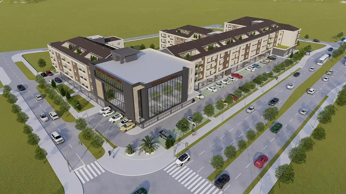 3D render poslovno-stambenog kompleksa sa parkingom i okolnim saobraćajnicama.