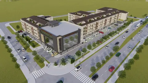 3D render poslovno-stambenog kompleksa sa parkingom i okolnim saobraćajnicama. - image 2