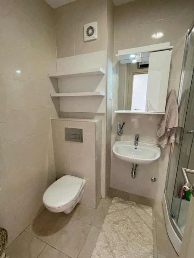 Smaller bathroom with a shower cabin, washbasin, and built-in toilet.