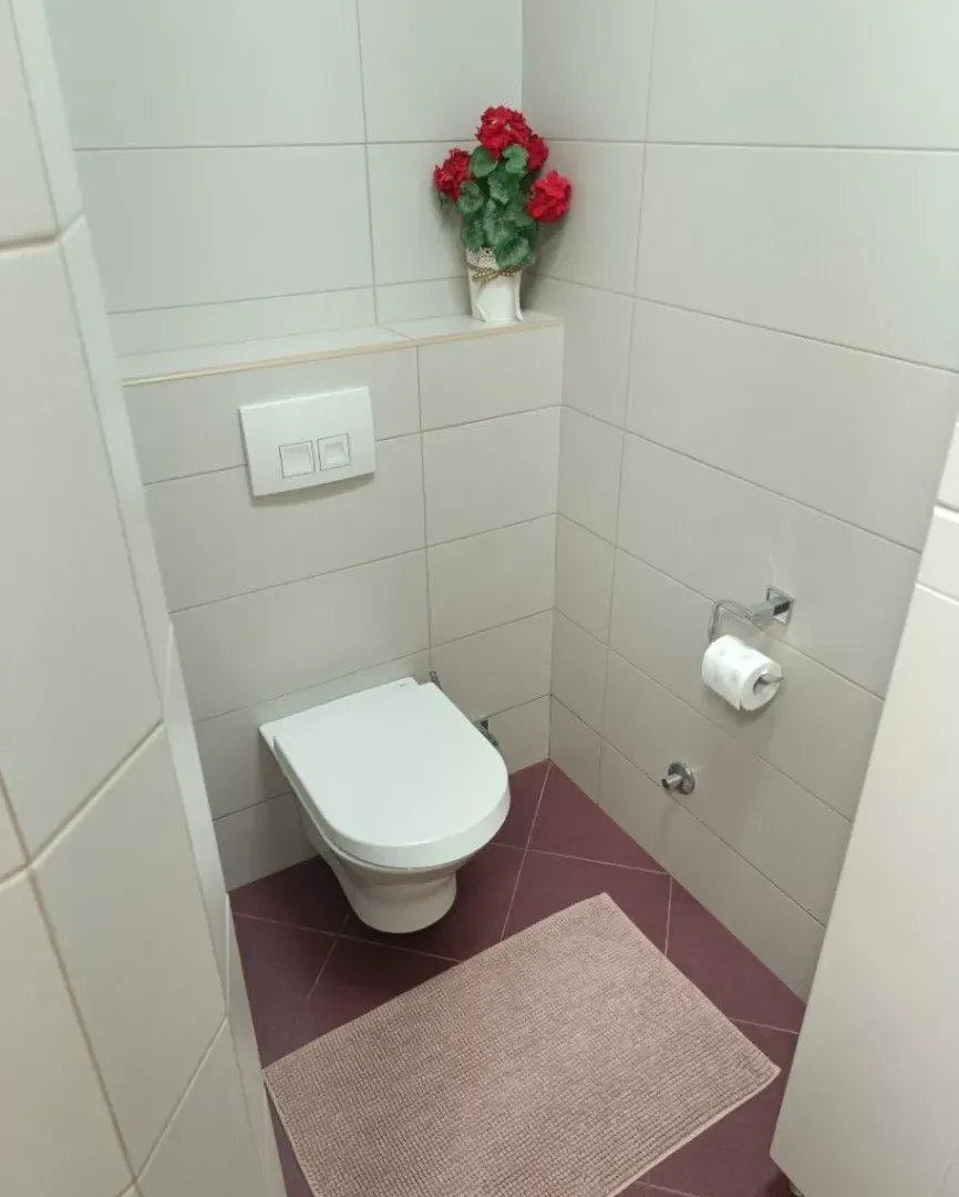 Manje kupatilo sa WC šoljom, pločicama i dekorativnim cvijećem.