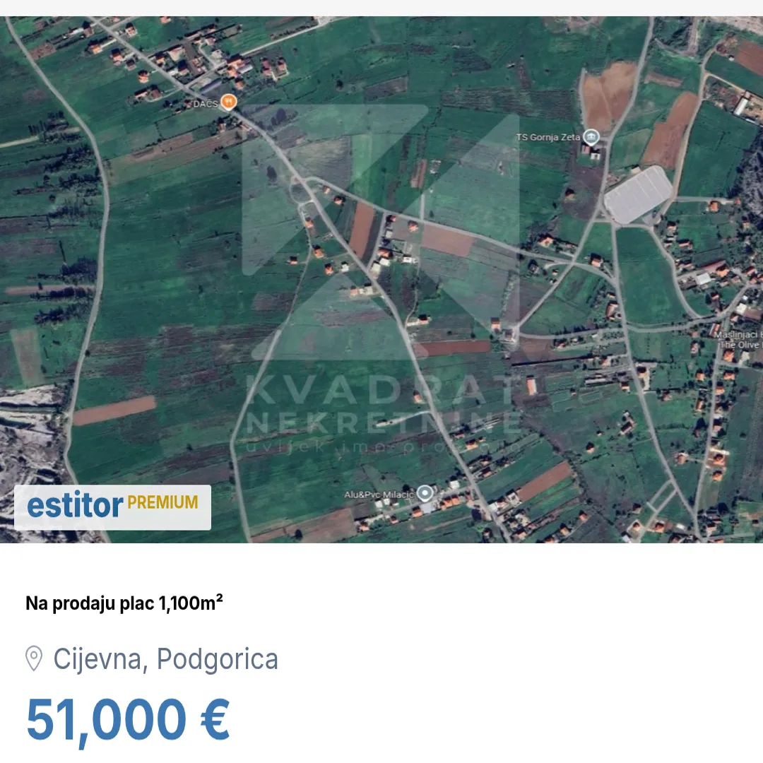 Prodaja, plac, 1100m², Cijevna, Podgorica