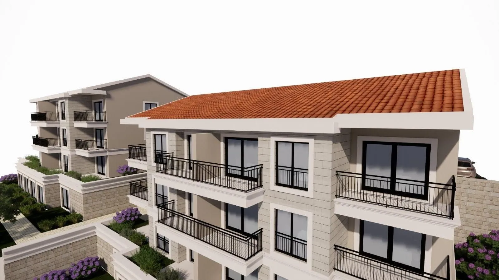 Spoljašnji izgled modernih stambenih zgrada sa balkonima.