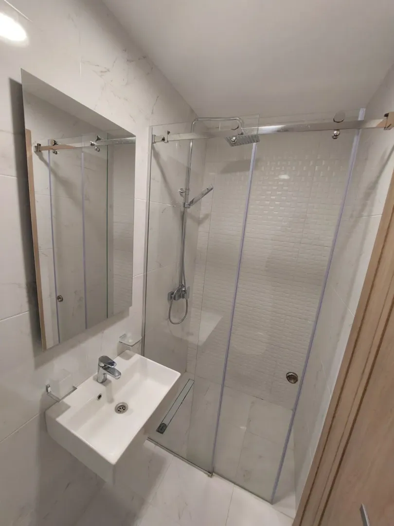 Bathroom with a sink, mirror, and walk-in shower.