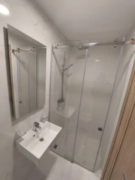Bathroom with a sink, mirror, and walk-in shower. - image 10