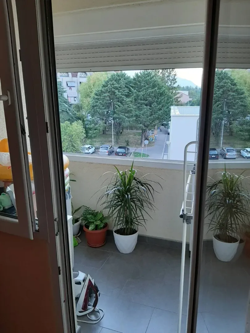 Pogled sa zastakljene terase na okolno zelenilo i parking.