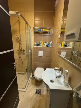 Manje kupatilo sa tuš kabinom, umivaonikom i toaletom u bež tonovima. - image 9