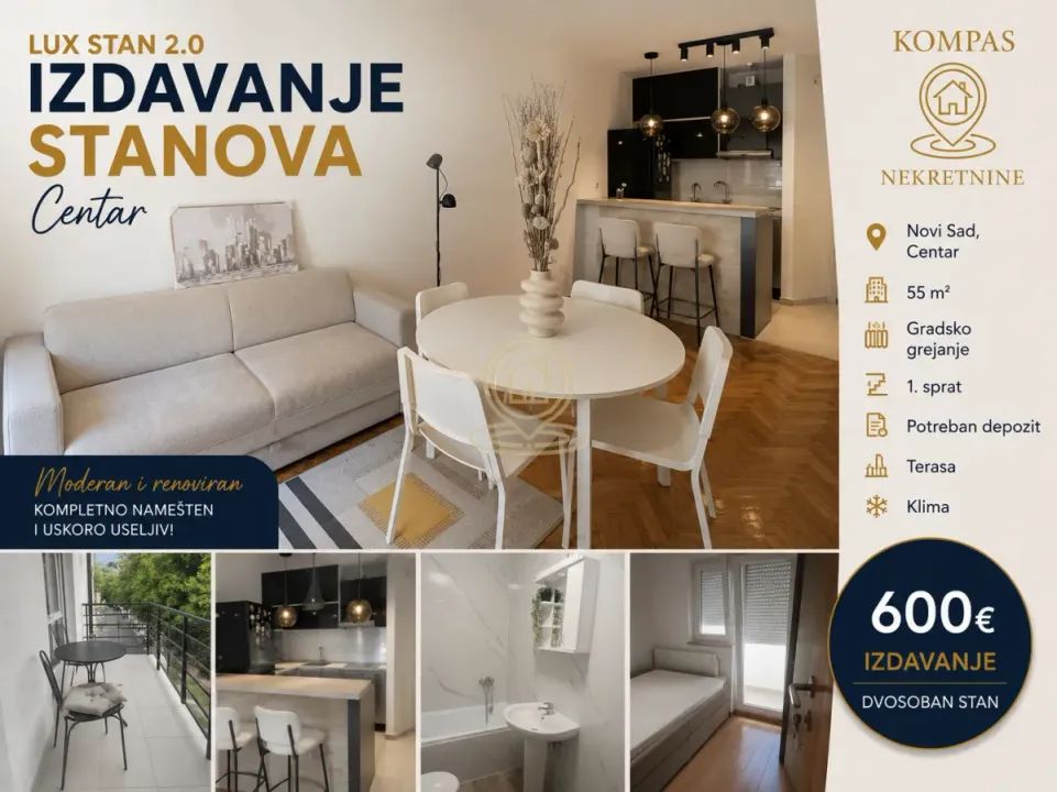 Rent, two bedroom apartment, 55m², Centar, Novi Sad