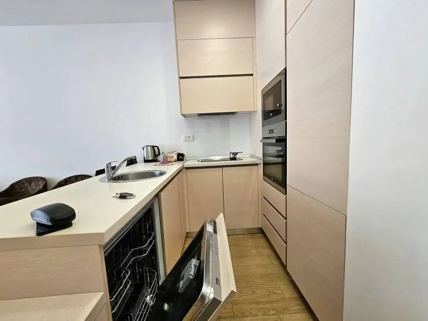 Modern kitchen with light wood cabinetry and built-in appliances.