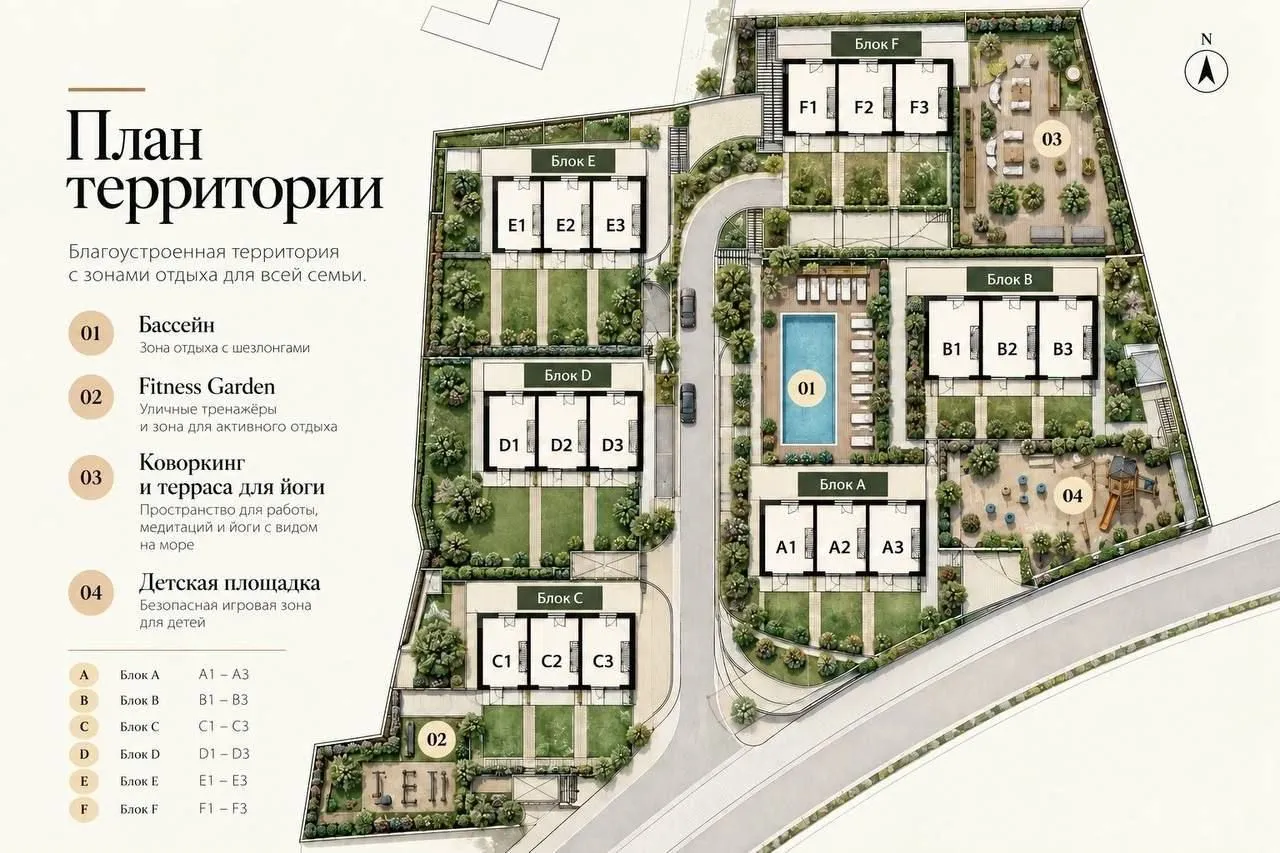 Plan teretornosti sa označenim objektima, bazenom i sadržajima za odmor.