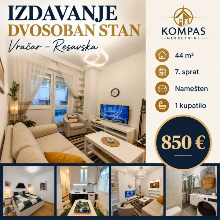 Rent, two bedroom apartment, 44m², Vračar Sve Podlokacije, Beograd