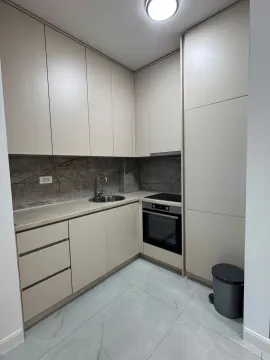 Small modern kitchen with beige cabinets and built-in oven. - image 6