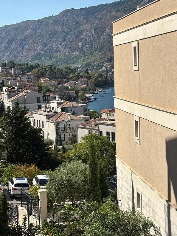 View from the terrace overlooking the bay, settlement, and mountains.