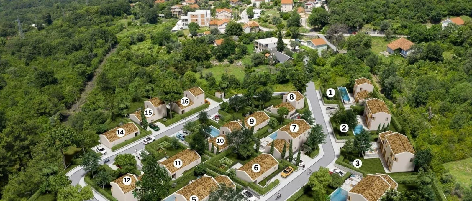 Arhitektonski vizuelni prikaz naselja sa kućama i označenim parcelama.