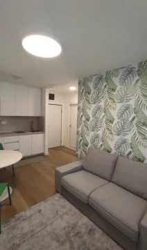 Living room with a sofa and botanical-patterned wallpaper, connected to the kitchen. - image 5