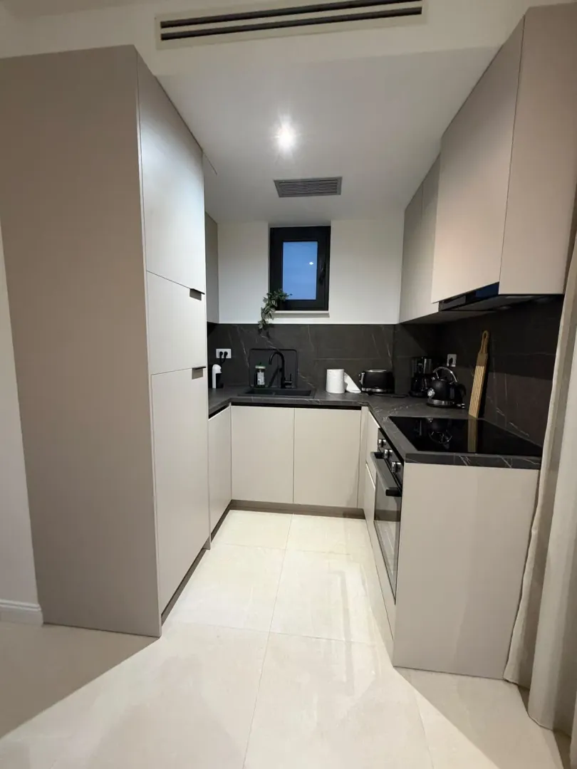 Modern and tidy kitchen with built-in cabinetry and dark countertops.