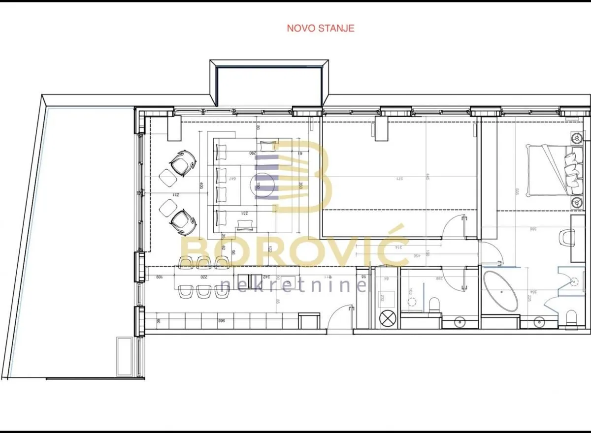 Osma crteža stana sa rasporedom prostorija i dimenzijama.