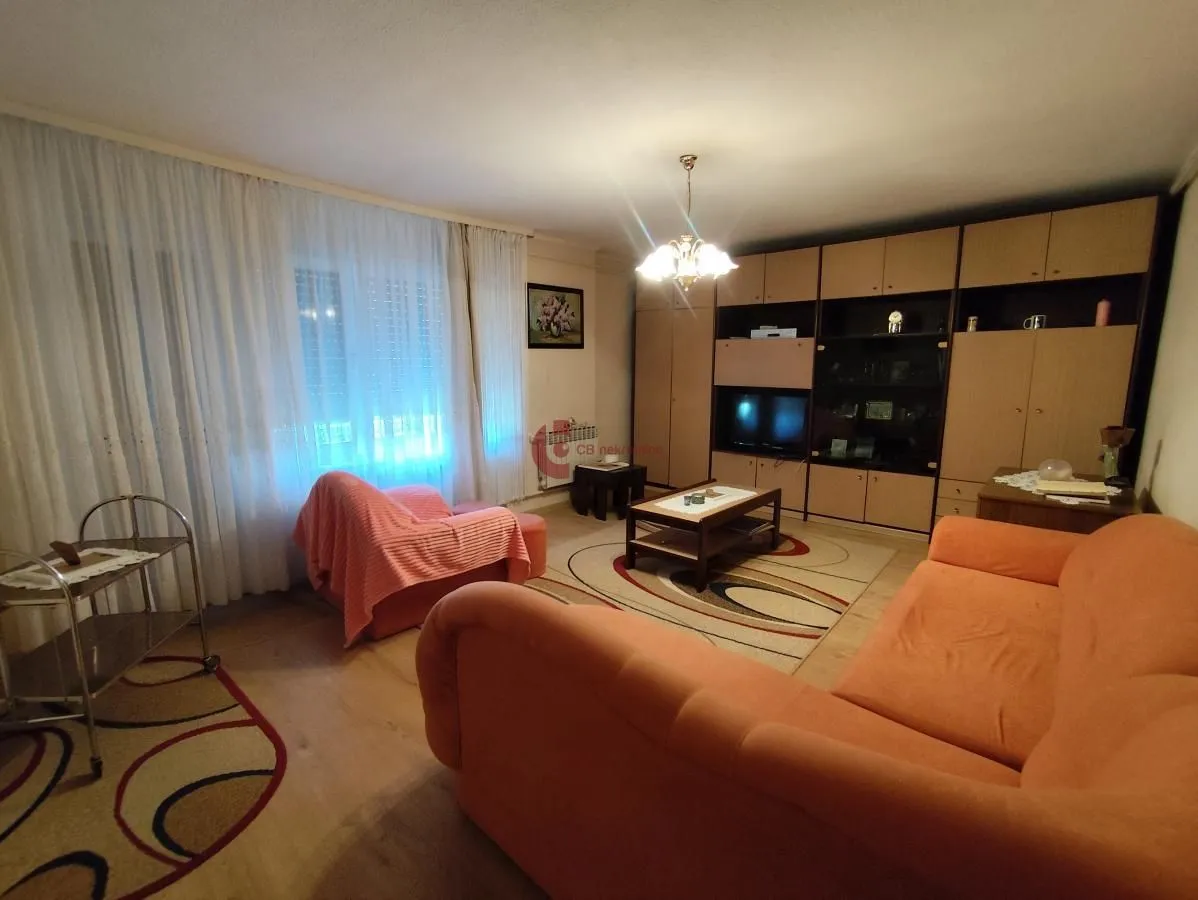 Furnished living room with sofa set and a large wall wardrobe.