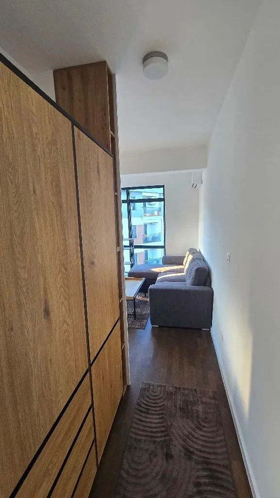 Living room with a sofa and a built-in wardrobe in the hallway.