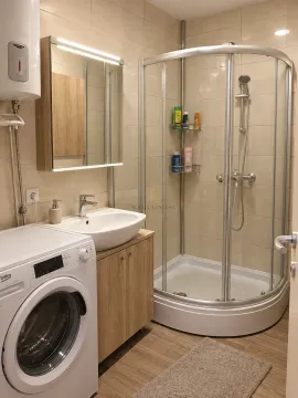 Bathroom equipped with a shower cabin, washbasin, mirror, and washing machine. - image 6
