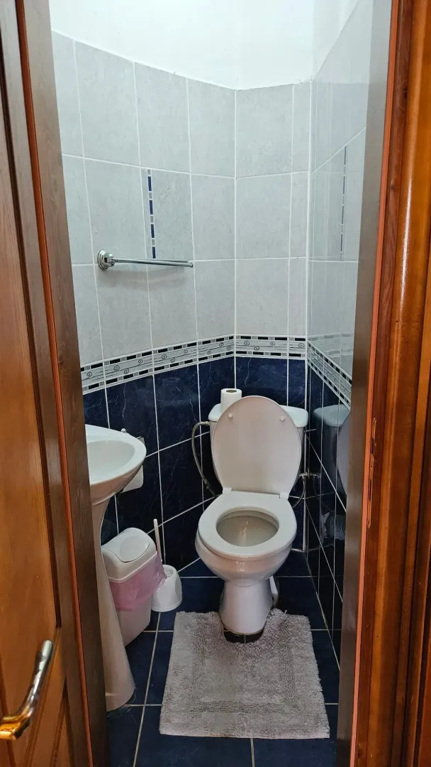 Smaller bathroom with tiling, sink, and toilet bowl.