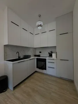 Modern white kitchen with built-in cabinetry and black details. - image 10