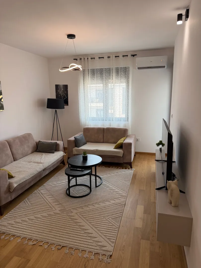 Modern and tidy living room with a sofa, coffee table, and TV.