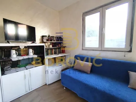 Small living room with a blue sofa, bookshelves, and a television. - image 4