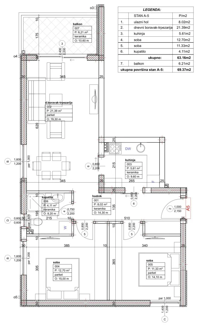 Arhitektonski plan stana sa rasporedom prostorija i dimenzijama.