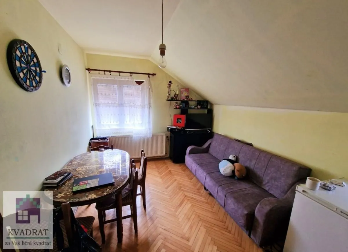 Living room with a sofa, dining table, and sloped ceiling.
