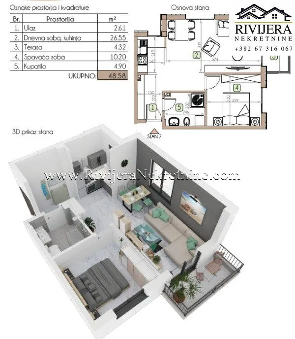 Prodaja, jednosoban stan, 49m², Dobrota, Kotor