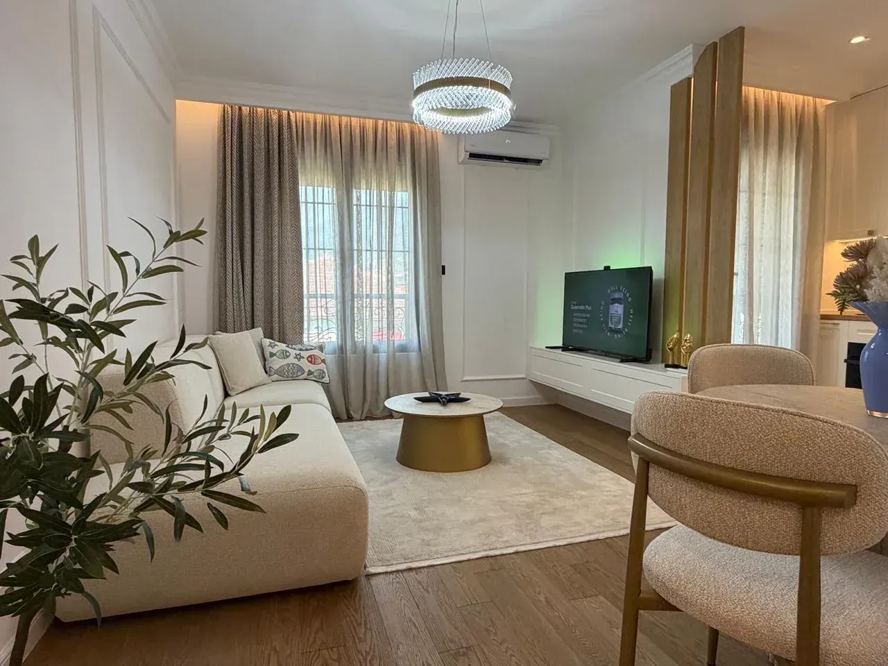 Living room with a sofa, TV, and dining table.