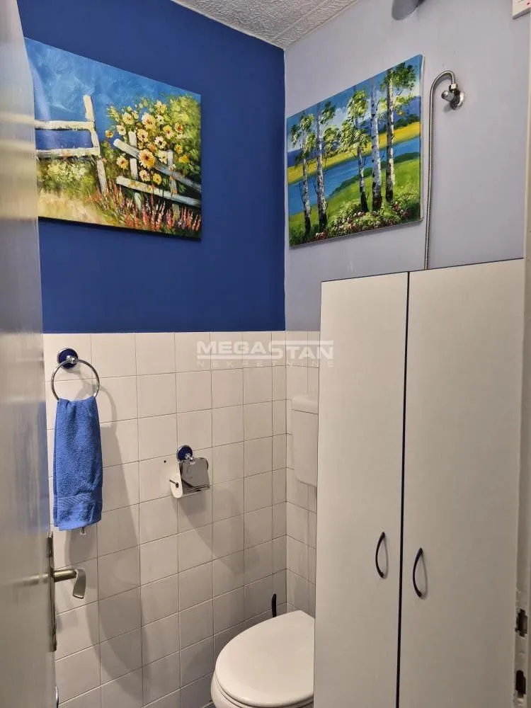 Smaller bathroom with tiles, toilet, and a cabinet.