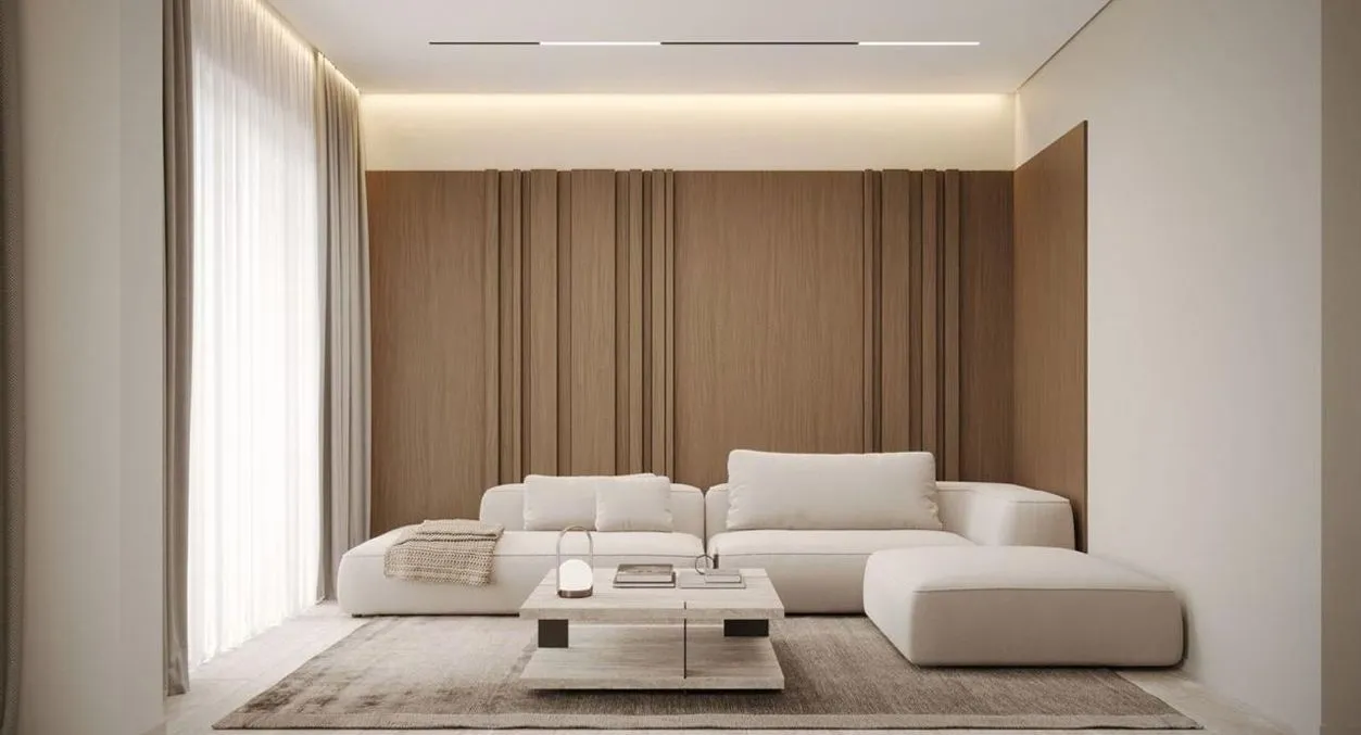 Moderan dnevni boravak sa svijetlom garniturom i drvenim zidnim panelima.