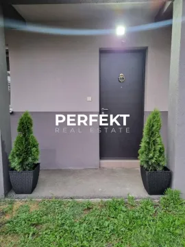 Ulaz u kuću sa tamnim vratima i ukrasnim biljkama u saksijama. - image 2