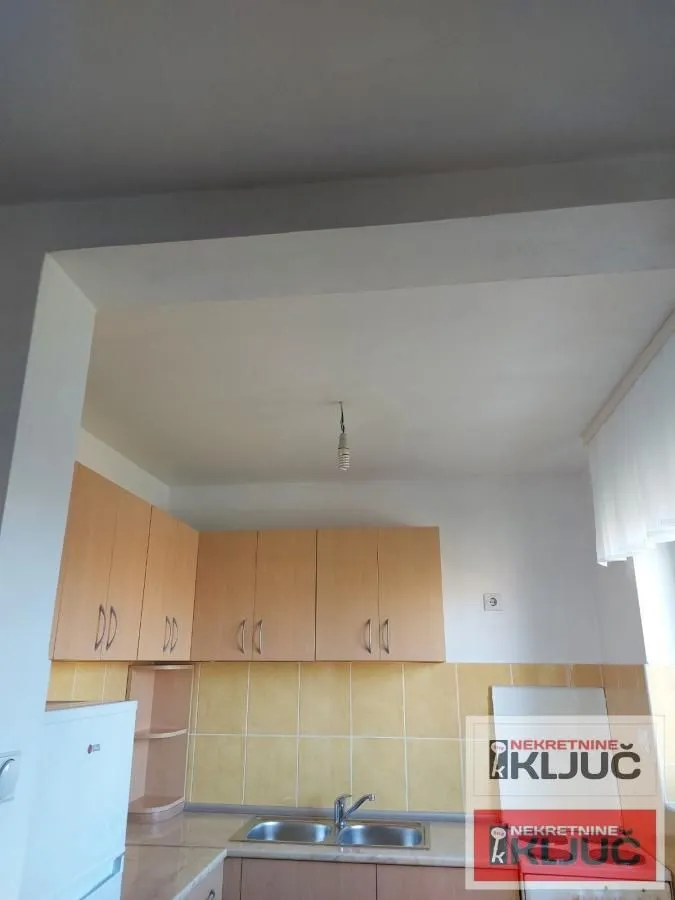 Manja kuhinja sa drvenim elementima i sudoperom.