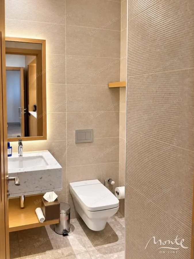 Savremeno opremljeno kupatilo sa umivaonikom i ugradnom wc šoljom.