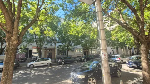 View of the street with tree line and parked cars in front of the building. - image 4