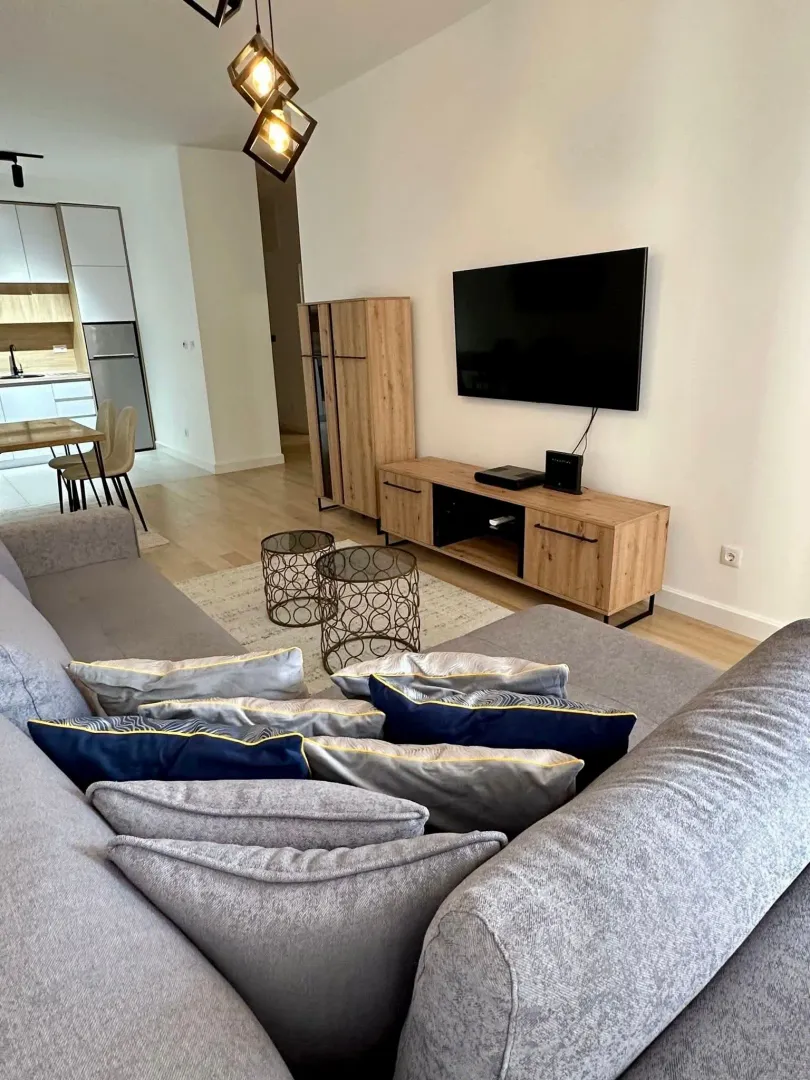 Living room with a sofa, TV, and view of the dining area and kitchen.