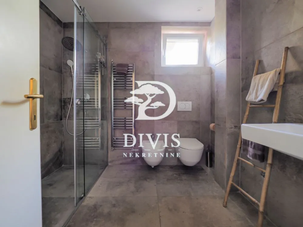 Modern bathroom equipped with a walk-in shower, toilet fixtures, and a wooden ladder used as a towel rack.
