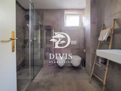 Modern bathroom equipped with a walk-in shower, toilet fixtures, and a wooden ladder used as a towel rack. - image 9