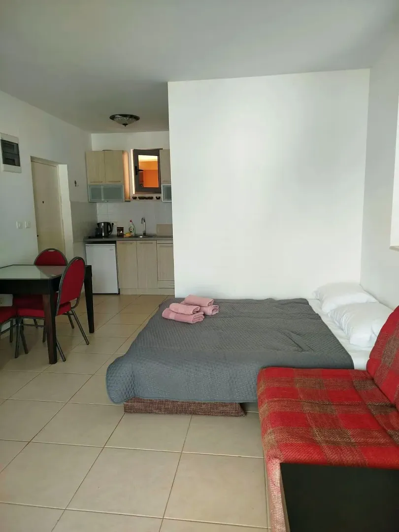 Studio apartment with a bed, small kitchen, and dining table.